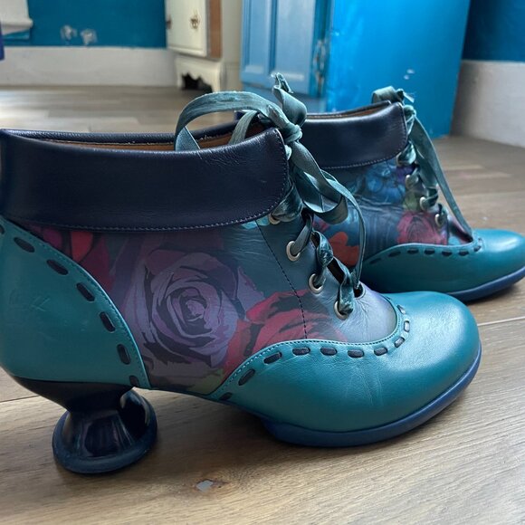 John Fluevog Blue Floral Lace-Up Ankle Boots Size 10.5 - Picture 2 of 11